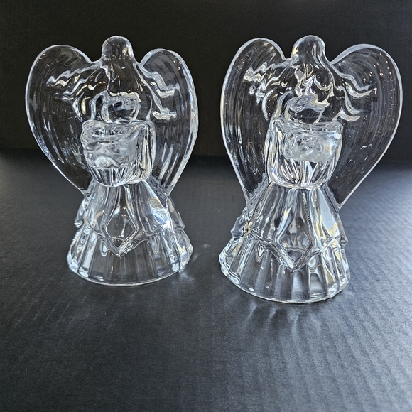 Vintage Angel candle holder pair clear glass taper heavy holiday Decor - Picture 3 of 11